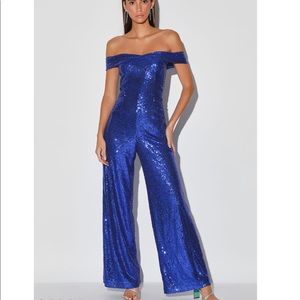 Royal Blue Sequin Off-the-Shoulder Jumpsuit